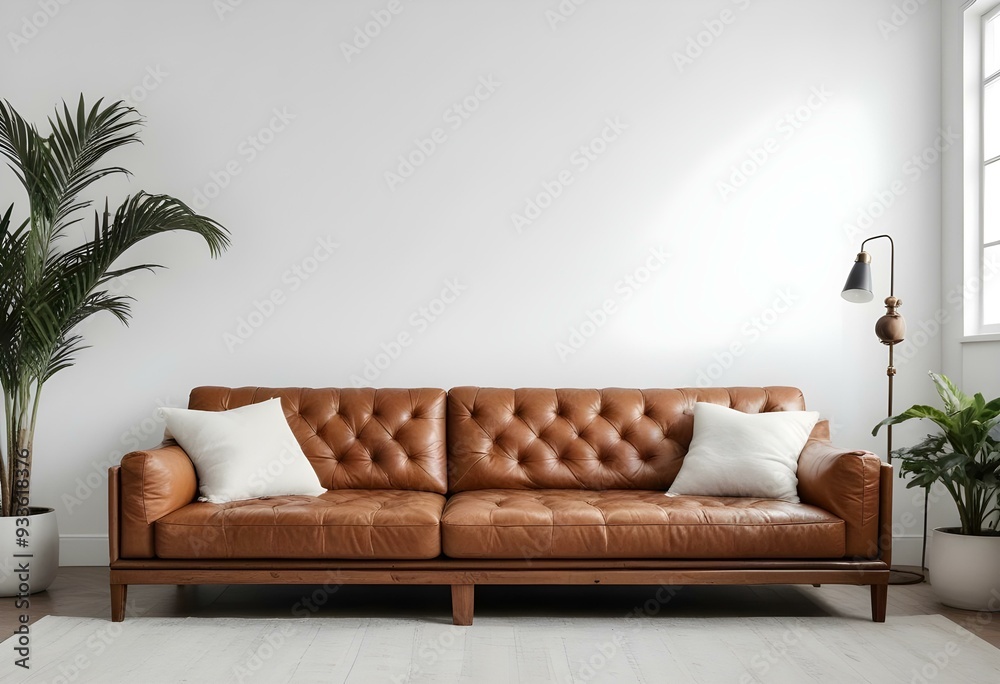A large, tufted leather sofa with a wooden frame in a minimalist living room setting with white walls. A large, tufted leather sofa with a wooden frame in a minimalist living room setting with white walls.
