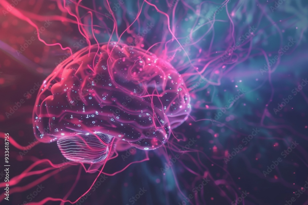 Obraz premium Digital data and brain imagery abstract background, highlighting technological advancement.