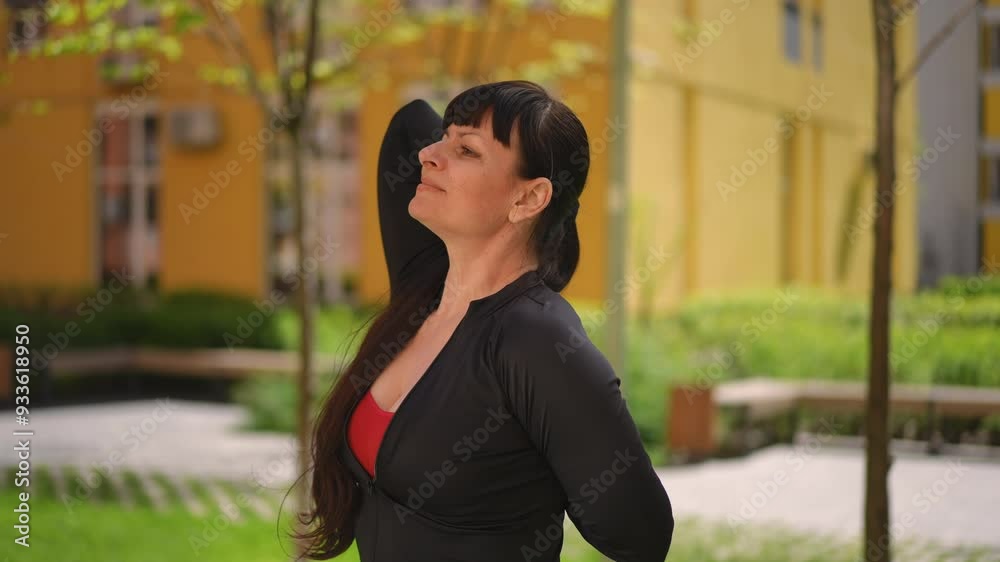 A woman in a tracksuit clasps her hands behind her back. The woman does yoga, while standing outdoors on a spring day