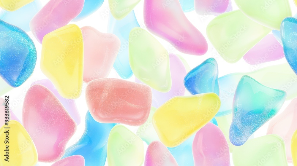 Seamless pattern of glossy pastel stones isolated on white. The smooth, rounded shapes and soft hues evoke a playful, candy-like aesthetic. Great for kids' designs or sweet-themed projects. Seamless pattern of glossy pastel stones isolated on white. The smooth, rounded shapes and soft hues evoke a playful, candy-like aesthetic. Great for kids' designs or sweet-themed projects.