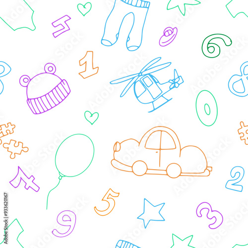 Cute baby seamless pattern with animals and toys and rainbow. Seamless texture.