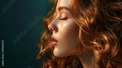 Beautiful woman in profile with long and shiny wavy hair . Beauty model girl with curly hairstyle . Fashion, cosmetics and makeup. 