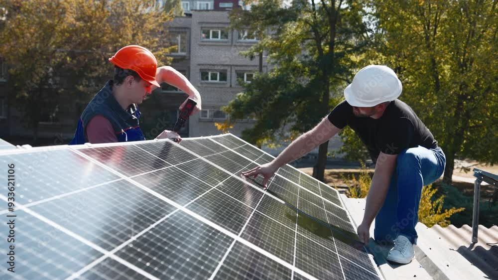 Professional engineers inspect solar panel installation on a rooftop under sunlight. Detailed check of the solar system setup for efficiency and quality. Professional engineers inspect solar panel installation on a rooftop under sunlight. Detailed check of the solar system setup for efficiency and quality.