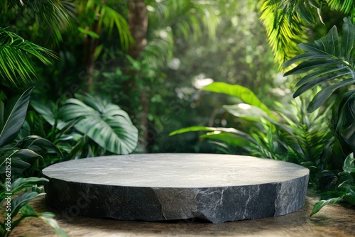 Empty round stone platform podium in tropical garden. Product display pedestal template, presentation stone table. Podium jungle product platform with generative ai