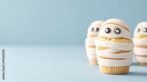 Mummy muffins wrapped in fondant bandages, with candy eyes peeking out, Halloween muffin, Mummy-themed Halloween dessert photo