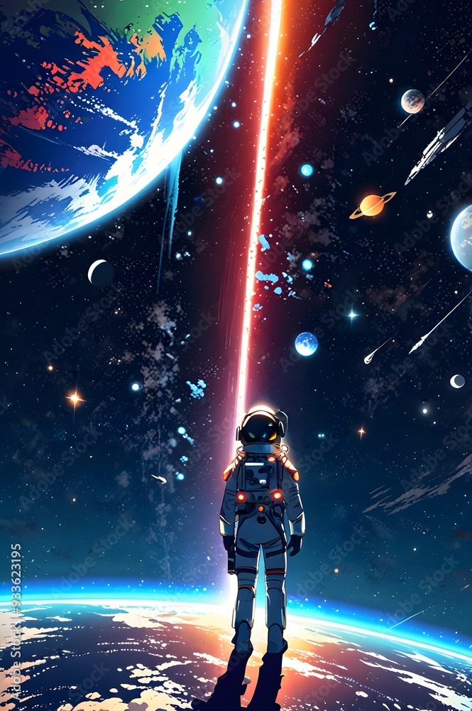 Fototapeta premium Anime-Style Spaceman and Planet