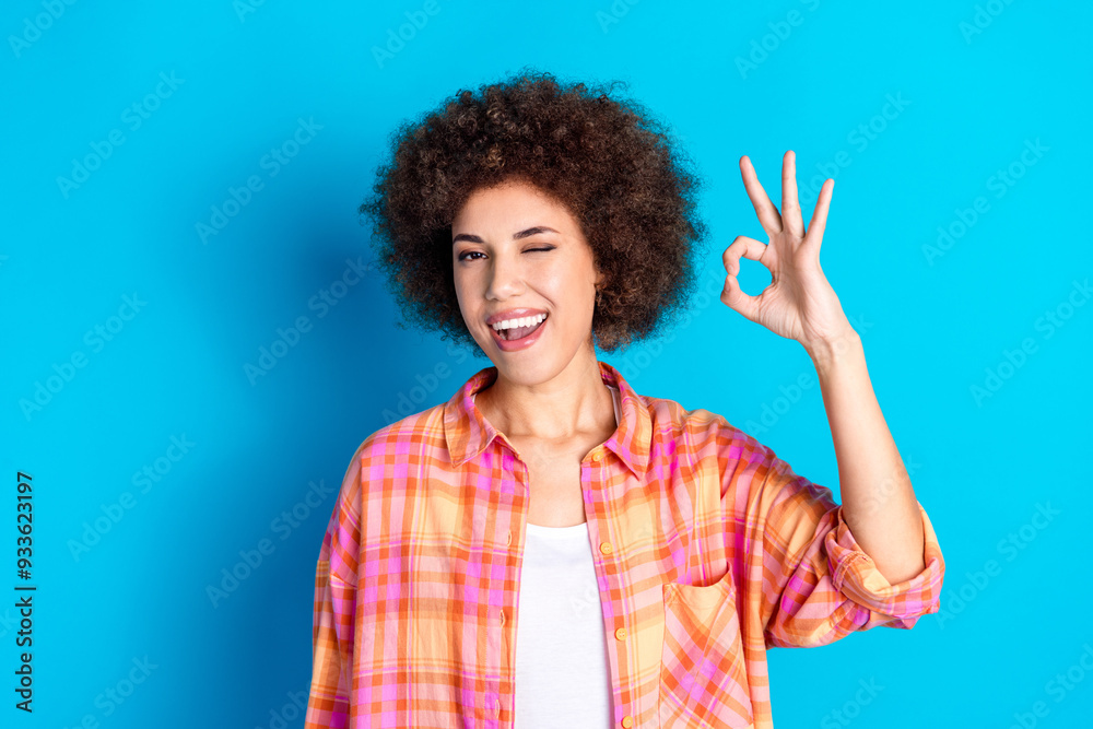 Photo portrait of pretty young girl wink show okey gesture wear trendy plaid outfit isolated on blue color background Photo portrait of pretty young girl wink show okey gesture wear trendy plaid outfit isolated on blue color background