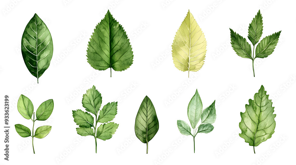 Minimalistic illustration collection of different green leaves and plants isolated on white background Minimalistic illustration collection of different green leaves and plants isolated on white background