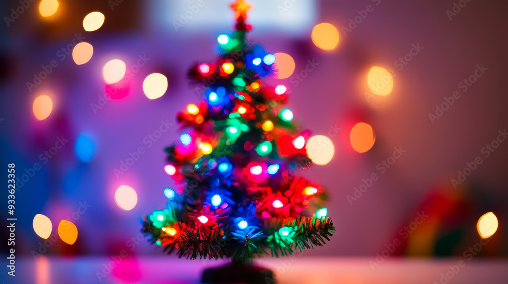 Small Christmas tree with colorful lights, surrounded by bokeh effects in a dimly lit room. Perfect for festive holiday designs. Small Christmas tree with colorful lights, surrounded by bokeh effects in a dimly lit room. Perfect for festive holiday designs.