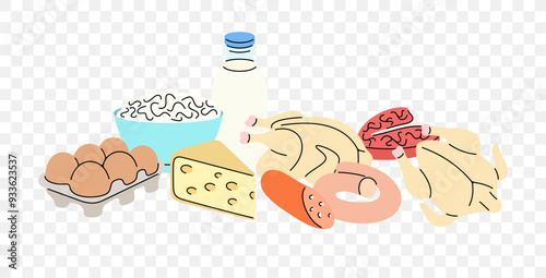 Dairy and meat products, graphic design. Food, meal, meat and grocery, vector design and illustration