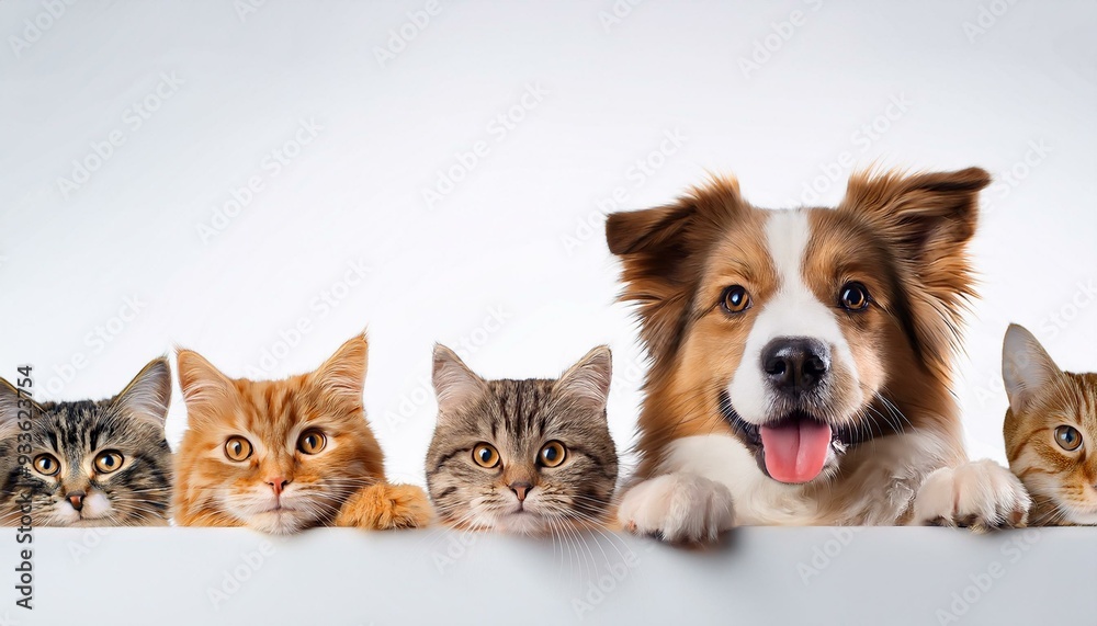 Fototapeta premium 白い台の向こうから覗いている子犬と猫（Dog and Cat above white banner） 