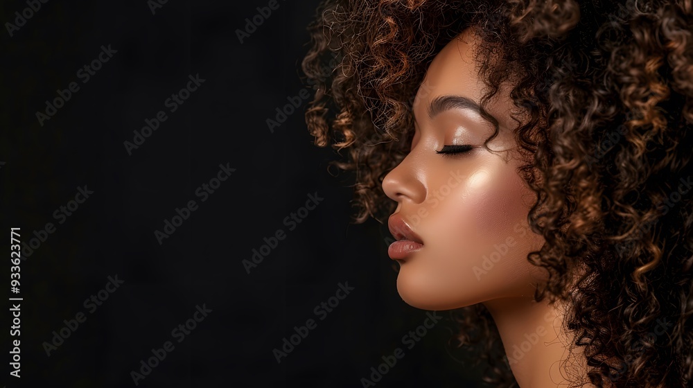 Beautiful woman in profile with long and shiny wavy hair . Beauty model girl with curly hairstyle . Fashion, cosmetics and makeup. 