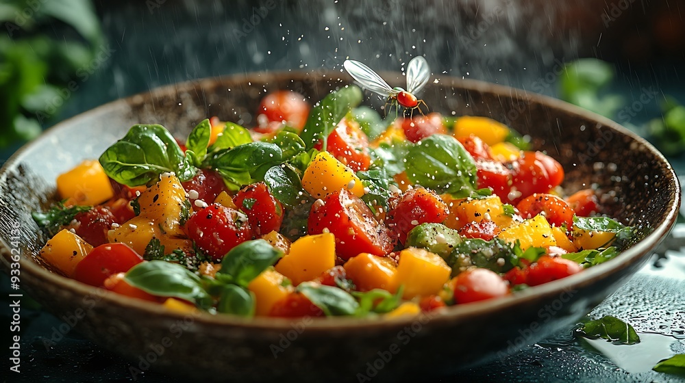 A close-up of a fresh tomato and mango salad with basil and a fly in mid-air. A close-up of a fresh tomato and mango salad with basil and a fly in mid-air.