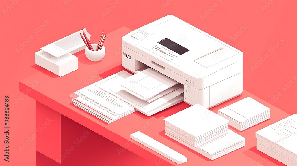 Organized Workplace - Isometric Printer and Person Sorting Papers on Desk in Minimalist Style with Red Background and White/Brick Colors Organized Workplace - Isometric Printer and Person Sorting Papers on Desk in Minimalist Style with Red Background and White/Brick Colors