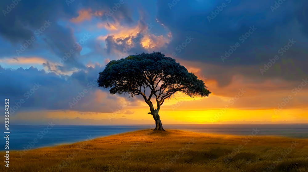 Lone tree standing on a hilltop with a dramatic sunset in the background, capturing the beauty of nature. Ideal for landscape and nature-themed projects Lone tree standing on a hilltop with a dramatic sunset in the background, capturing the beauty of nature. Ideal for landscape and nature-themed projects