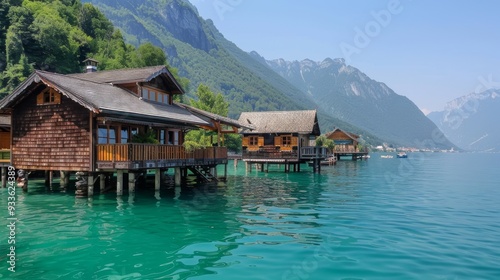 Wooden houses on stilts by a crystal-clear lake surrounded by green mountains. Perfect for summer retreats.