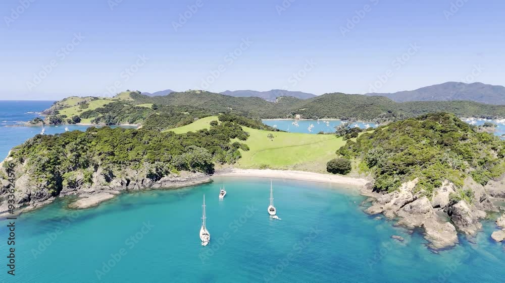Aerial view of a tropical beach in a Paradise Island in New Zealand - Urupukapuka Island, 