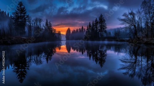 Misty sunrise over a calm lake with a reflection of dark silhouettes of trees on a blue and orange sky. Ideal for serene nature backgrounds. photo