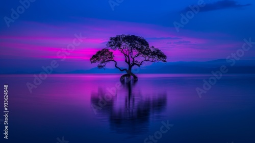 Lonely tree standing in still water during a vibrant purple and pink sunset, with mountains in the distance. Perfect for tranquil and dreamy scenes. photo