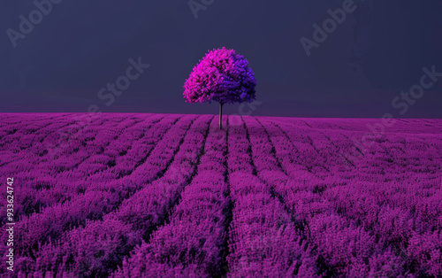 A solitary purple tree in a vast lavender field under a twilight sky. Perfect for surreal and colorful landscapes. photo