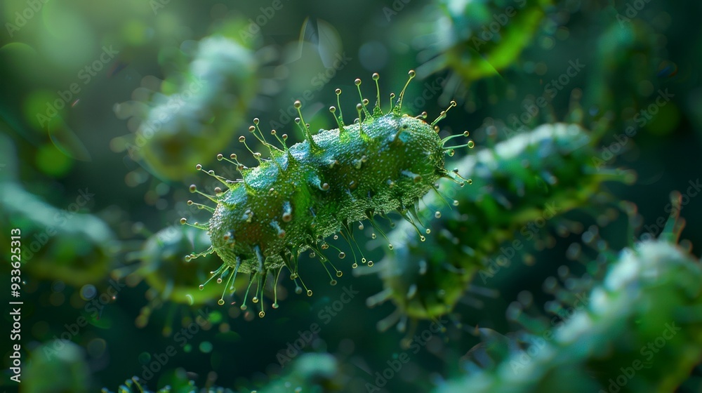 Fototapeta premium Close-up view of green bacteria with detailed textures, floating in dark green background.