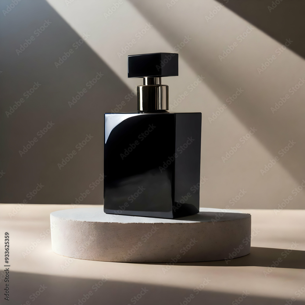 a plain black perfume bottle centered on a sleek podium, set against a soft, neutral background. Emphasize the elegant simplicity of the design, with subtle shadows adding depth. a plain black perfume bottle centered on a sleek podium, set against a soft, neutral background. Emphasize the elegant simplicity of the design, with subtle shadows adding depth.