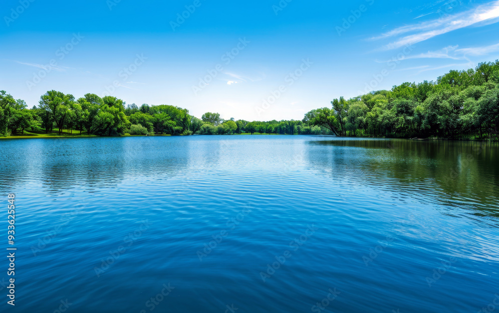 Tranquil lake with lush green trees reflected on the calm water under a bright blue sky. Ideal for outdoor, nature, and relaxation themes. Tranquil lake with lush green trees reflected on the calm water under a bright blue sky. Ideal for outdoor, nature, and relaxation themes.
