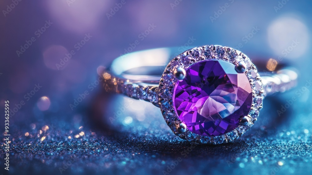 Fototapeta premium Close-up low-angle shot of a dazzling amethyst ring, enhanced by ethereal light, showcasing its luxurious and mystical qualities.