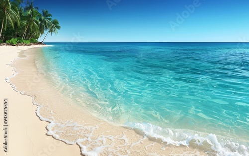 Waves gently crashing on a sandy beach under a bright blue sky. Ideal for beach and summer-themed designs. photo