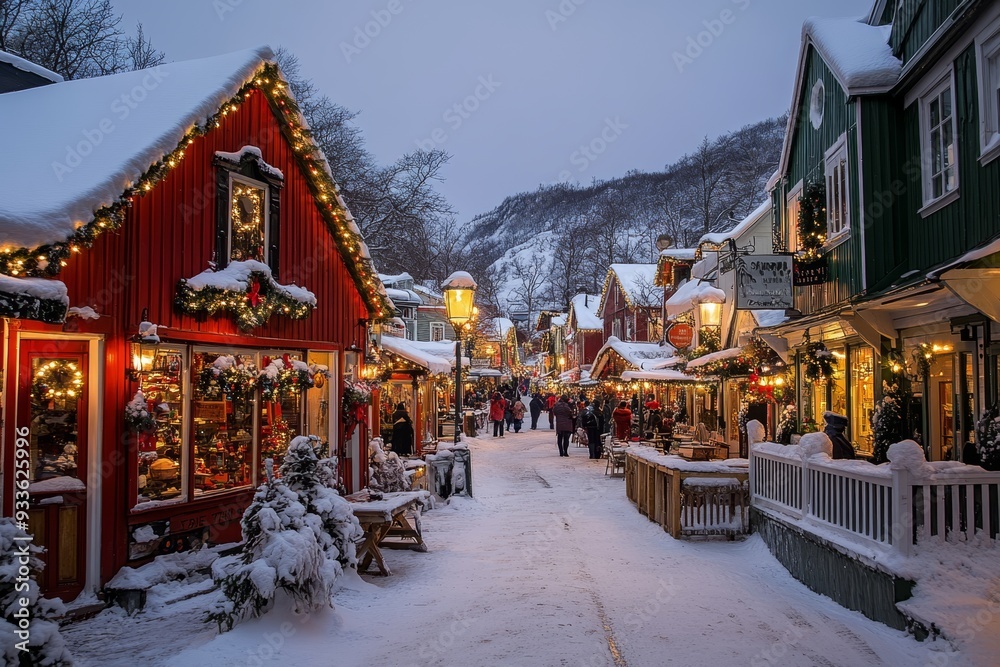 Obraz premium Snow-covered Christmas market street in a picturesque village, illuminated by warm festive lights. Ideal for holiday cards or winter promotions.