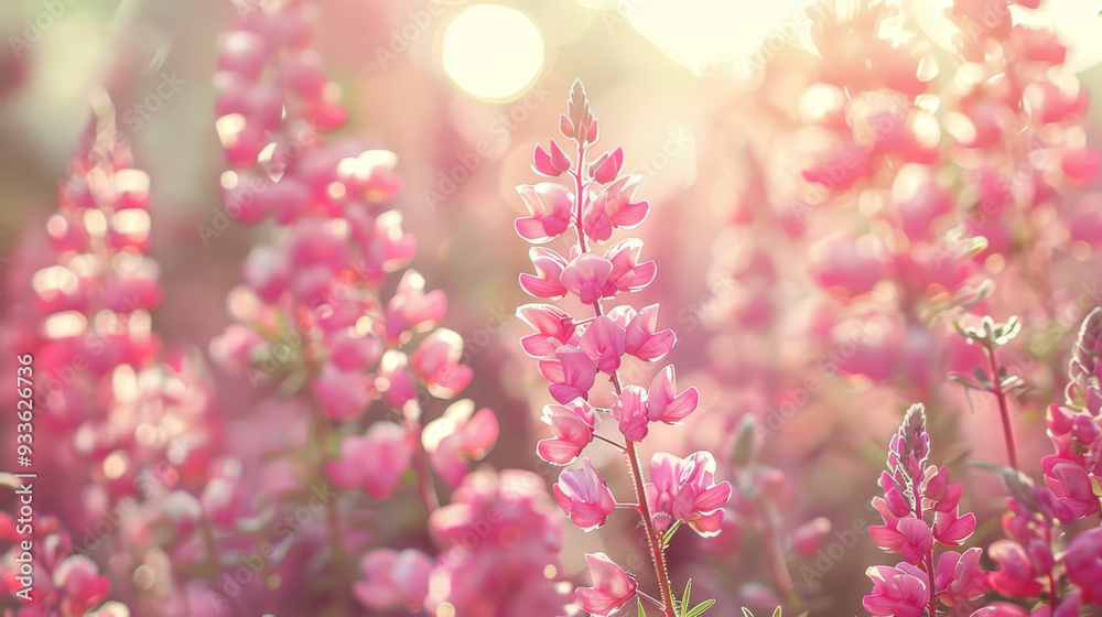 Soft pink lupines glowing in warm morning sunlight. Perfect for romantic floral backgrounds, springtime themes, or nature design elements. Soft pink lupines glowing in warm morning sunlight. Perfect for romantic floral backgrounds, springtime themes, or nature design elements.
