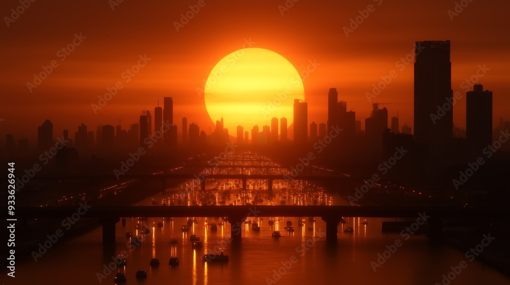 A vibrant sunset casts a golden glow over the urban landscape and river A vibrant sunset casts a golden glow over the urban landscape and river
