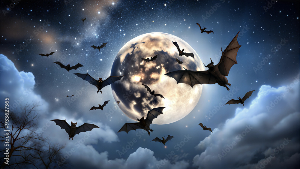 Naklejka premium Silhouetted bats flying across glowing full moon in starry night sky