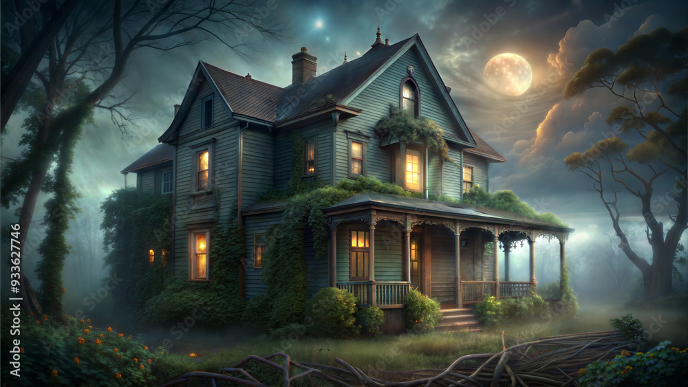 Abandoned Haunted House at Night, with Fog and Moon Abandoned Haunted House at Night, with Fog and Moon