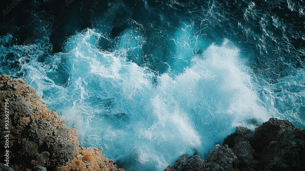 Obraz premium Majestic Waves: Dramatic Ocean Waves Crashing on Rocky Coastline