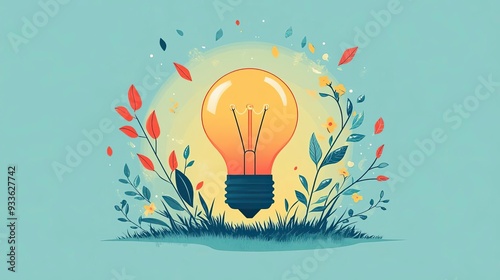 A colorful light bulb surrounded by leaves and plants, symbolizing creativity and inspiration in nature.