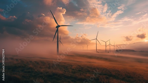 A serene landscape featuring wind turbines amidst fog and sunset, emphasizing renewable energy and nature.