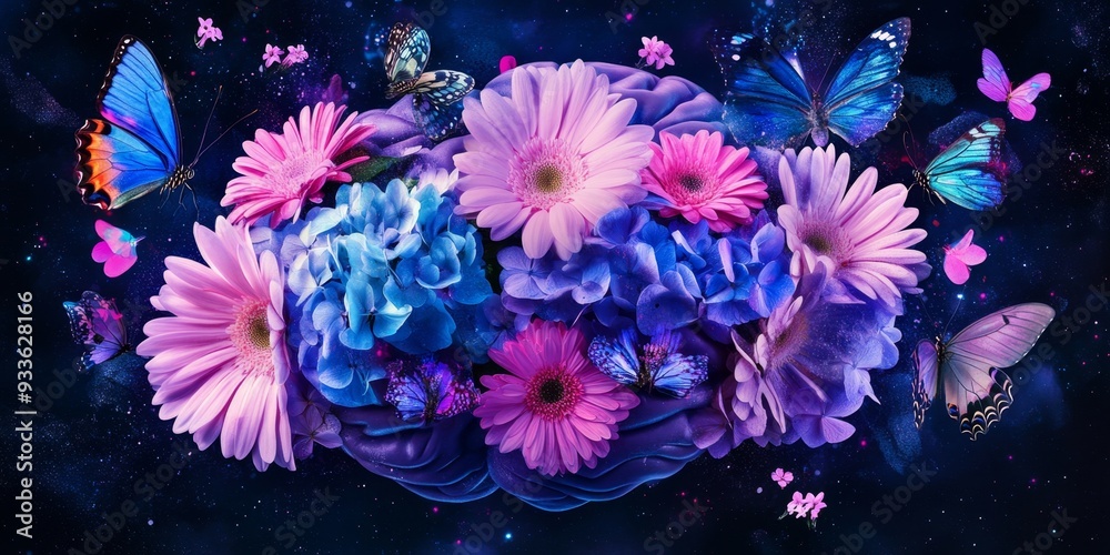 Surreal Mind Bloom: Abstract Fusion of Human Brain, Flowers, and Butterflies. Creative Thinking and Mental Health Concept. Minimalist Composition with Elegant Gradients for Self-Care Inspiration, UI D Surreal Mind Bloom: Abstract Fusion of Human Brain, Flowers, and Butterflies. Creative Thinking and Mental Health Concept. Minimalist Composition with Elegant Gradients for Self-Care Inspiration, UI D