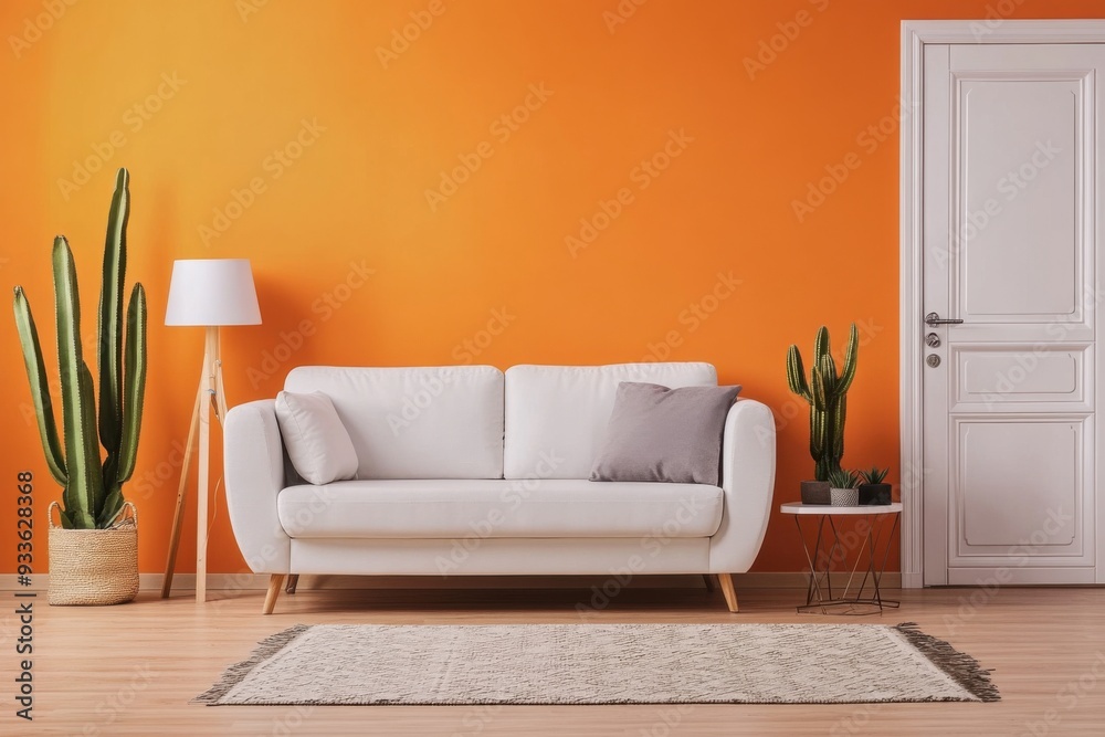 Fototapeta premium Modern living room with orange walls, white sofa, lamp, plants, and rug.