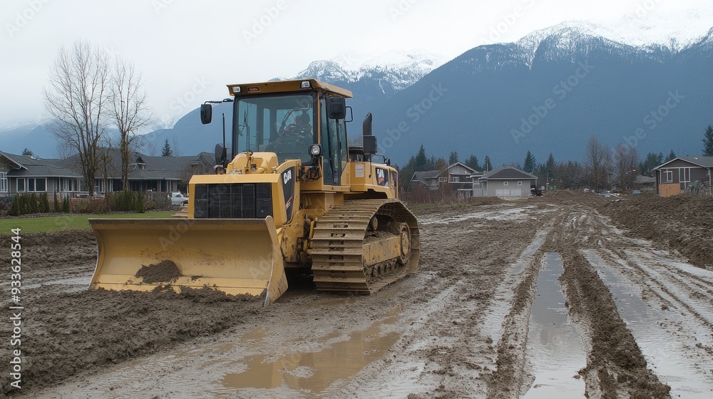 A bulldozer works to plow wet, muddy ground on a country road, surrounded by houses and trees on a rainy autumn day with bright yellow lights A bulldozer works to plow wet, muddy ground on a country road, surrounded by houses and trees on a rainy autumn day with bright yellow lights