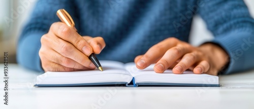 Customer writing a review in a notebook, pen in hand, analog approach, Customer review, Traditional feedback