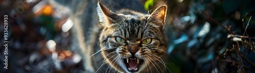 Fierce Feline Stare Intimidating Domestic Cat in Dark Forest Background