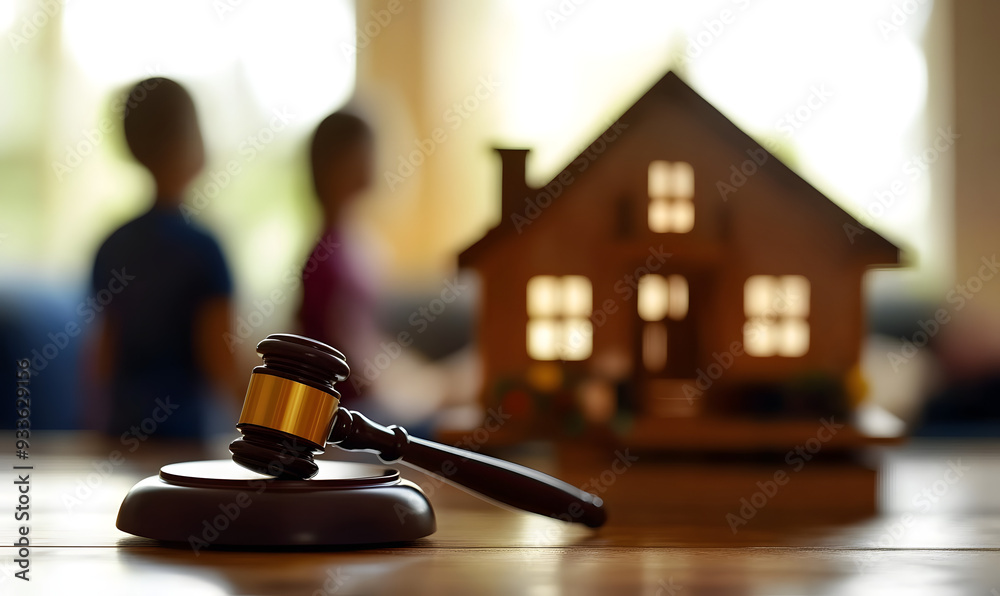 Divorce Dispute Symbolized by Gavel, House, and Car Models: Legal Complexities in Family Separation. Blurred Child Silhouette Emphasizes Emotional Impact on Dependents. Powerful Marital Property Divis Divorce Dispute Symbolized by Gavel, House, and Car Models: Legal Complexities in Family Separation. Blurred Child Silhouette Emphasizes Emotional Impact on Dependents. Powerful Marital Property Divis