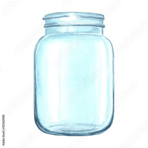 Glass empty jar. Vase transparent for flowers. Hand drawn watercolor illustration isolated of background. Bottle, vessel for liquid or medicine. Kitchen utensil. Clip art for card, cosmetic, printing.