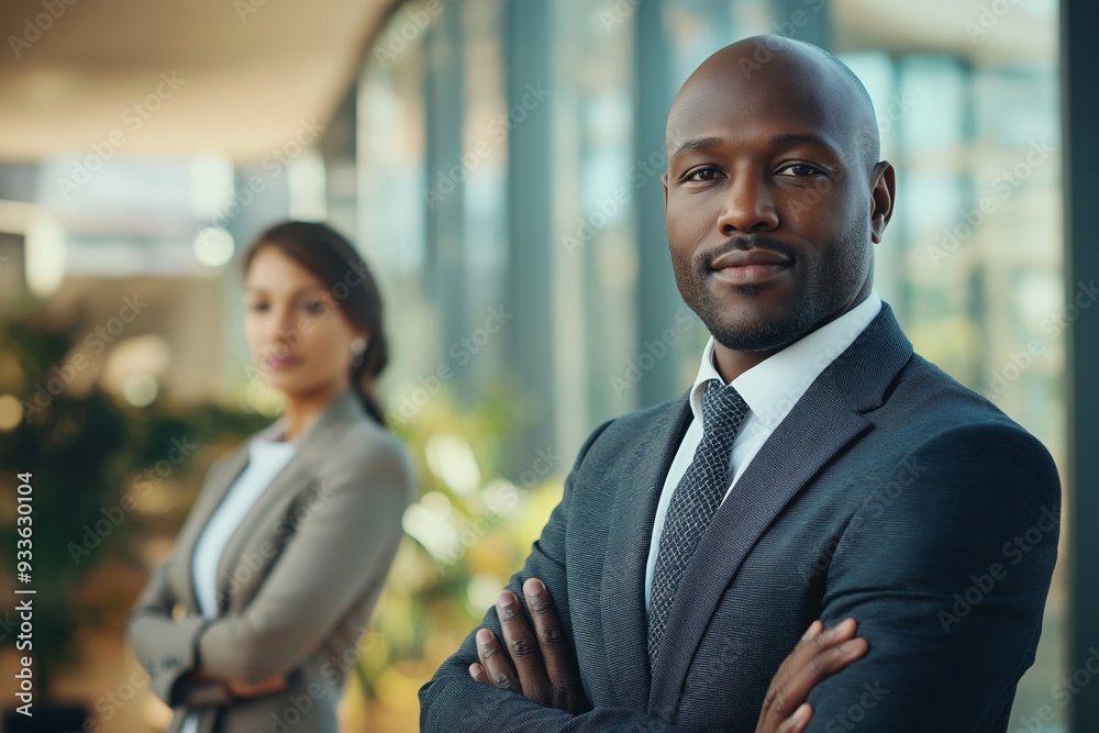 A confident businessman poses professionally inside an office, with a blurred female colleague seen in the background. A confident businessman poses professionally inside an office, with a blurred female colleague seen in the background.