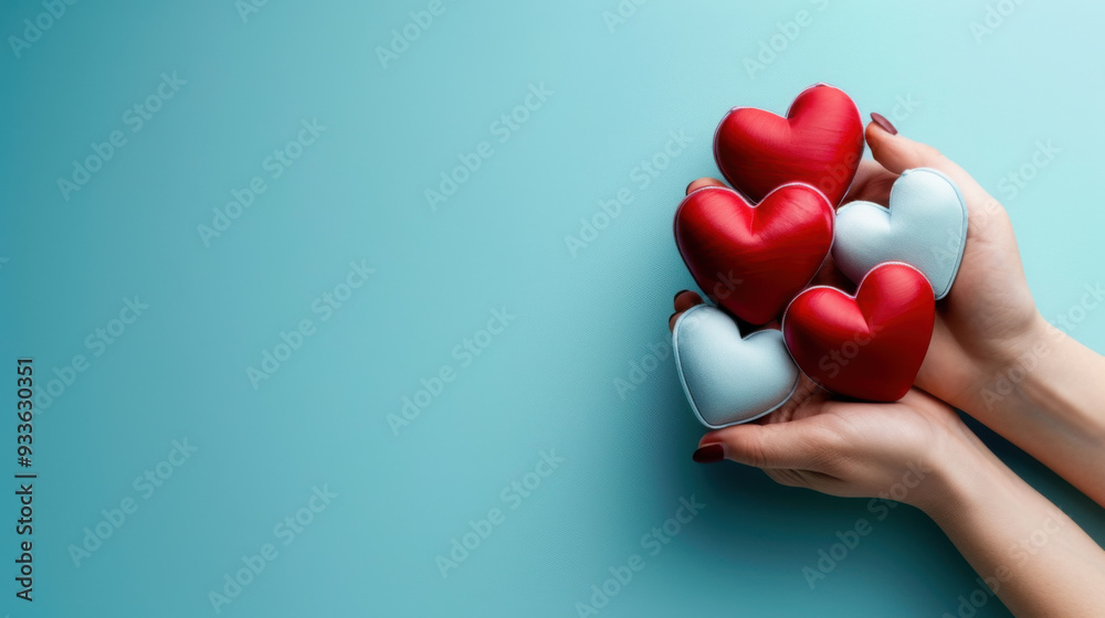 Pair of hands presenting red and white heart decorations on a blue backdrop. Symbolic of love, care, and affection. Pair of hands presenting red and white heart decorations on a blue backdrop. Symbolic of love, care, and affection.