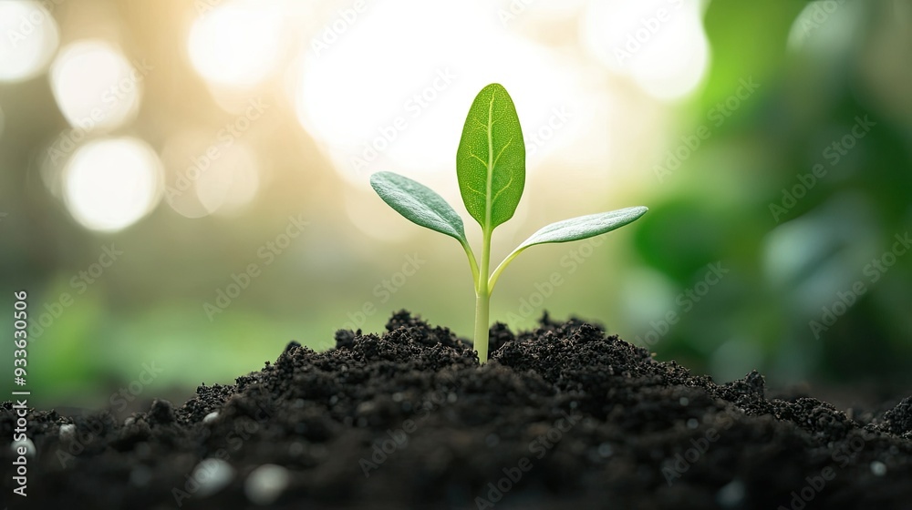 Close-up of a fresh green sprout growing from soil, framed by a bright, white background for a simple, minimalist look Close-up of a fresh green sprout growing from soil, framed by a bright, white background for a simple, minimalist look