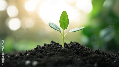 Close-up of a fresh green sprout growing from soil, framed by a bright, white background for a simple, minimalist look