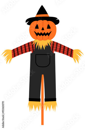 halloween scarecrow wearing red pattern shirt in black jumpsuit and black halloween hat illustration