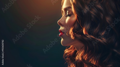 Beautiful woman in profile with long and shiny wavy hair . Beauty model girl with curly hairstyle . Fashion, cosmetics and makeup. 